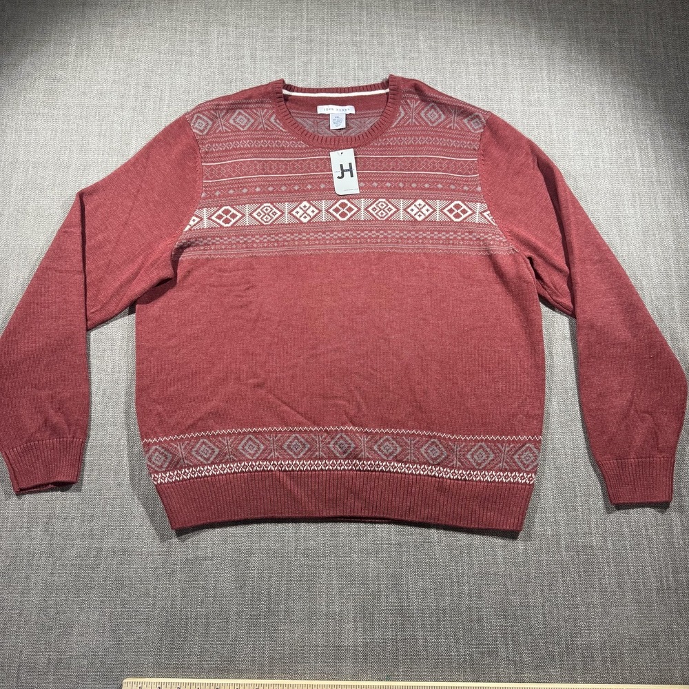 John Henry Sweater‎ Mens 2XL Red Fair Isle Knit Crewneck Pullover Nordic